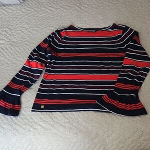 Ralph Lauren Women's Red and Blue Striped Top Ruffle Bell Sleeves